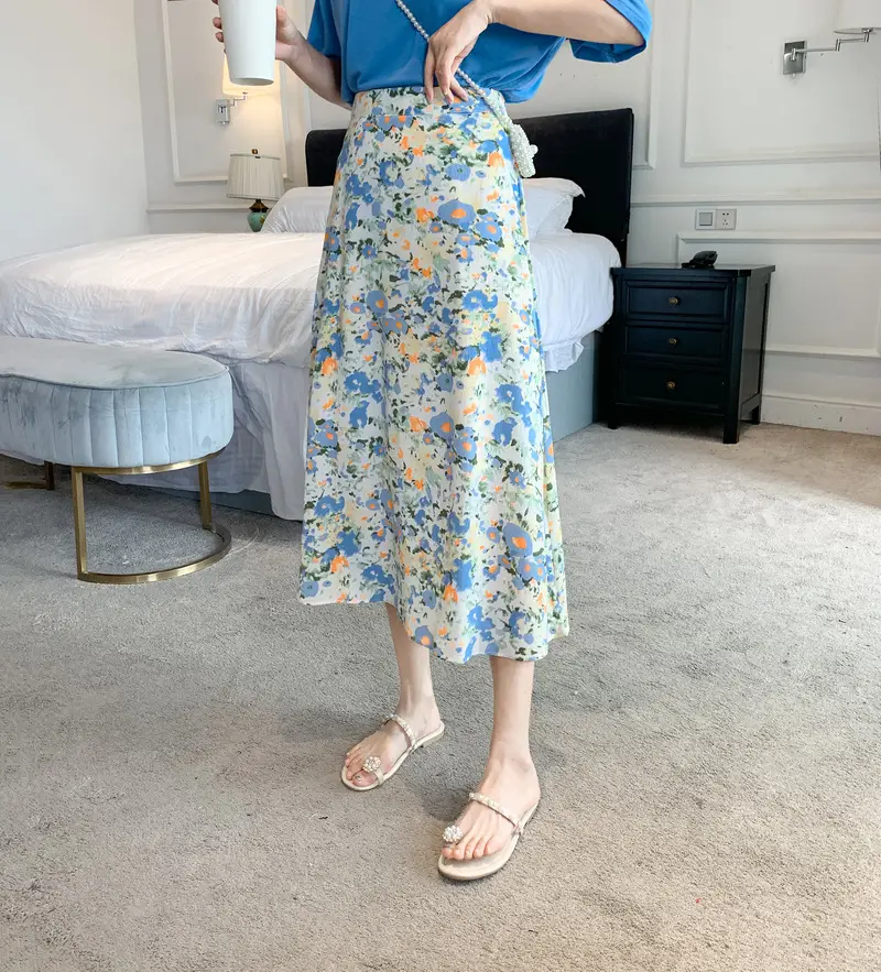 Floral Chiffon Dape Skirt Mid Length Summer Women — feature 29