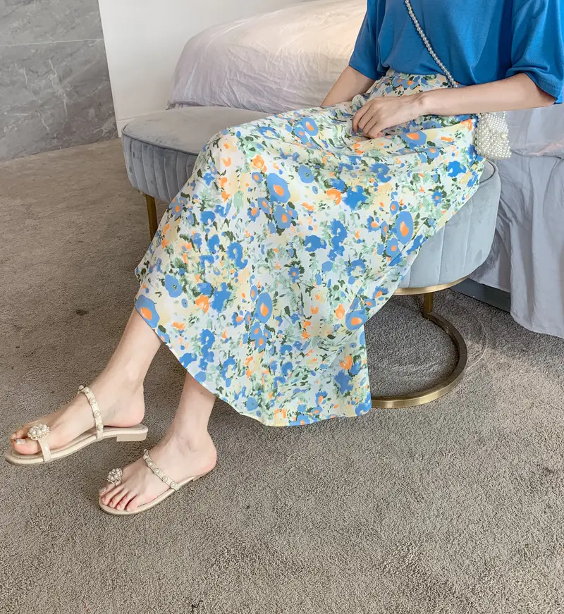 Floral Chiffon Dape Skirt Mid Length Summer Women — feature 30