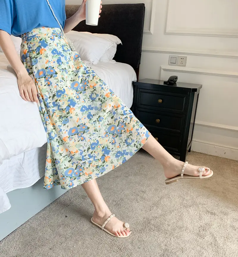 Floral Chiffon Dape Skirt Mid Length Summer Women — feature 31