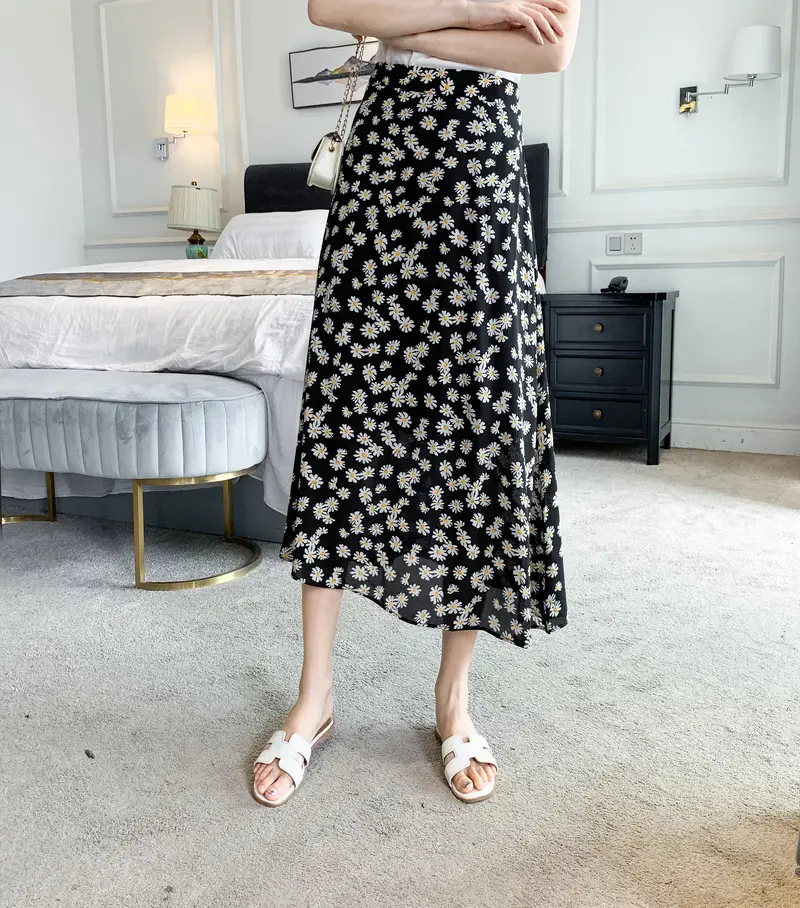 Floral Chiffon Dape Skirt Mid Length Summer Women — feature 8