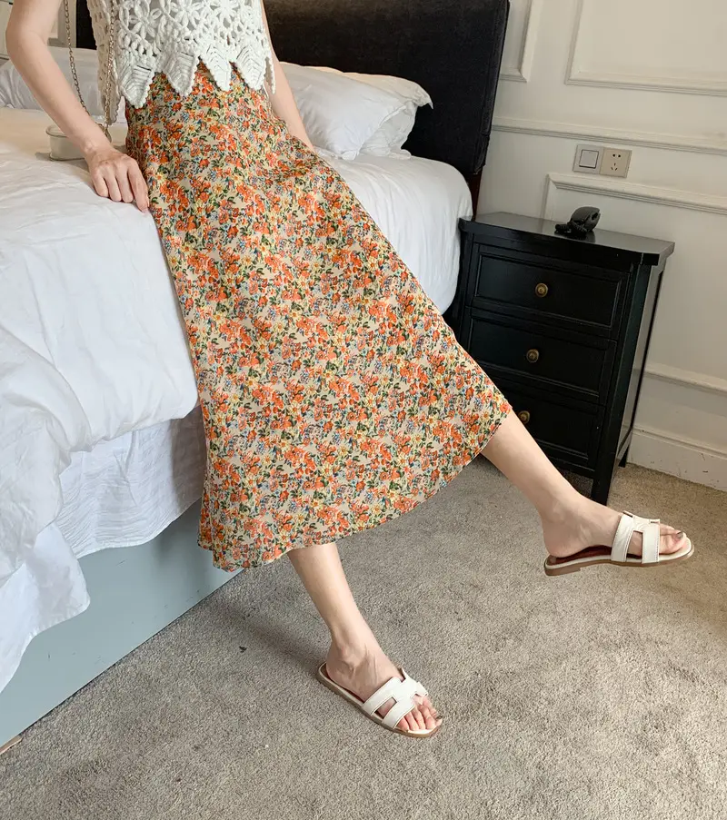 Floral Chiffon Dape Skirt Mid Length Summer Women - Image 2