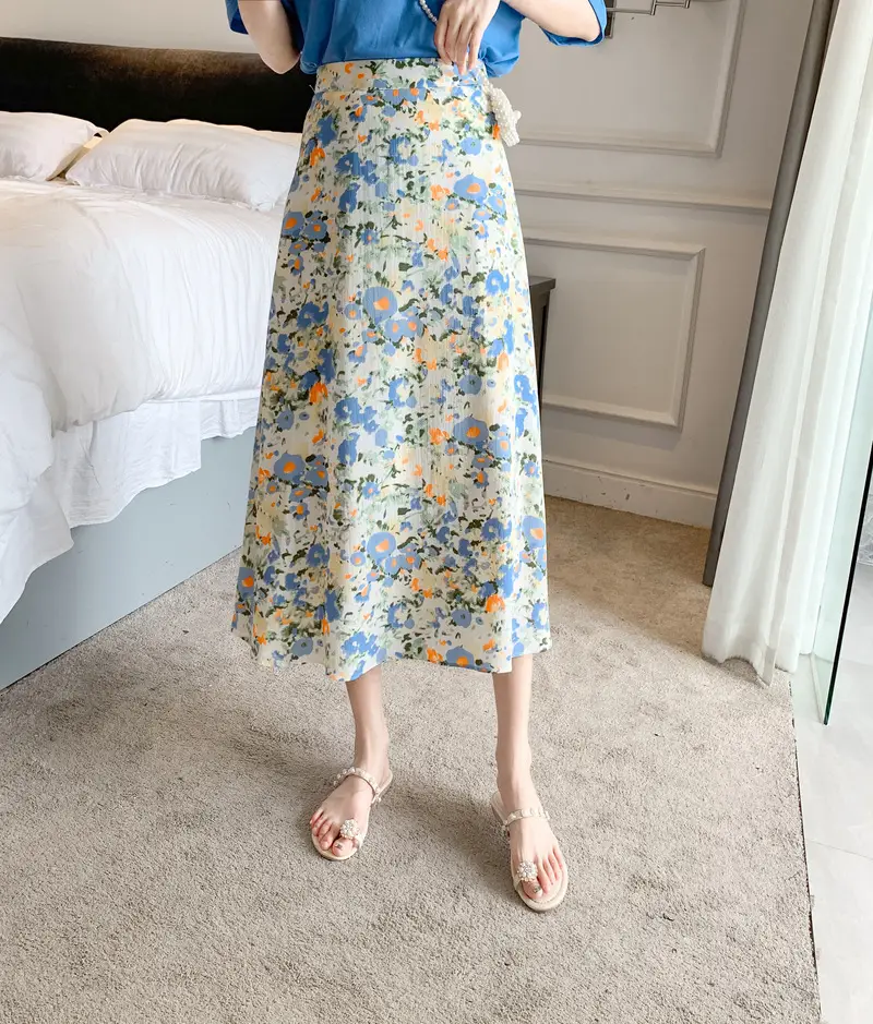 Floral Chiffon Dape Skirt Mid Length Summer Women - Image 3