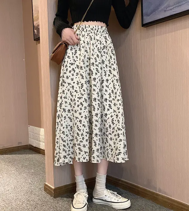 Floral Chiffon Dape Skirt Mid Length Summer Women - Image 4