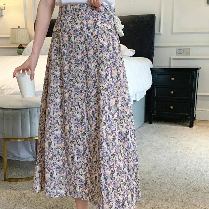 Floral Chiffon Dape Skirt Mid Length Summer Women - Image 5