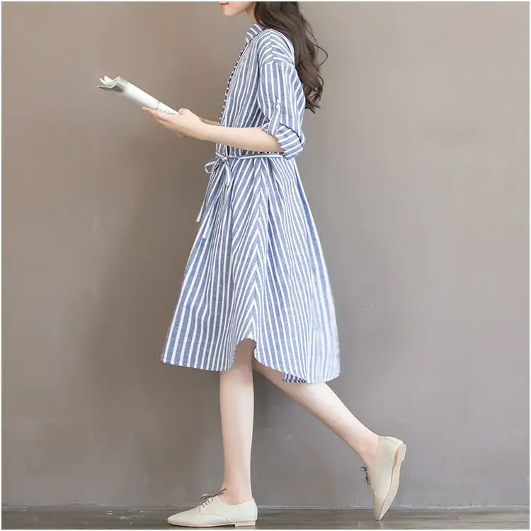 Women's Blue Striped Long Dress Large Size Cotton Linen - Image 3