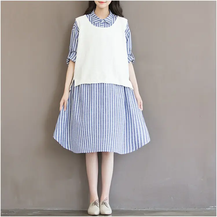 Women's Blue Striped Long Dress Large Size Cotton Linen - Image 4