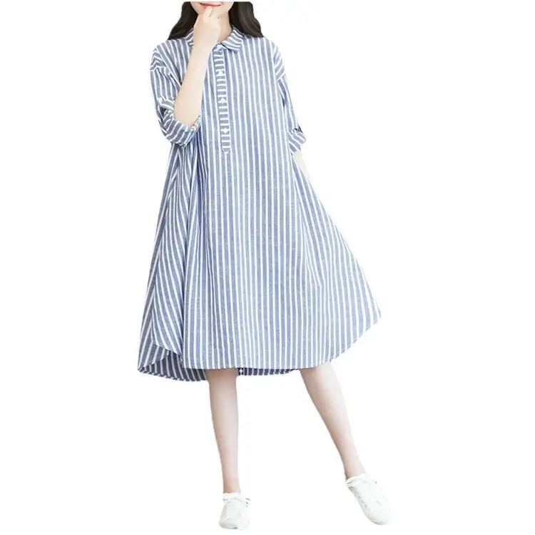 Women's Blue Striped Long Dress Large Size Cotton Linen - Image 6