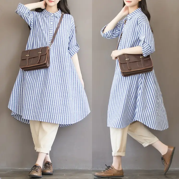 Women's Blue Striped Long Dress Large Size Cotton Linen — feature 1