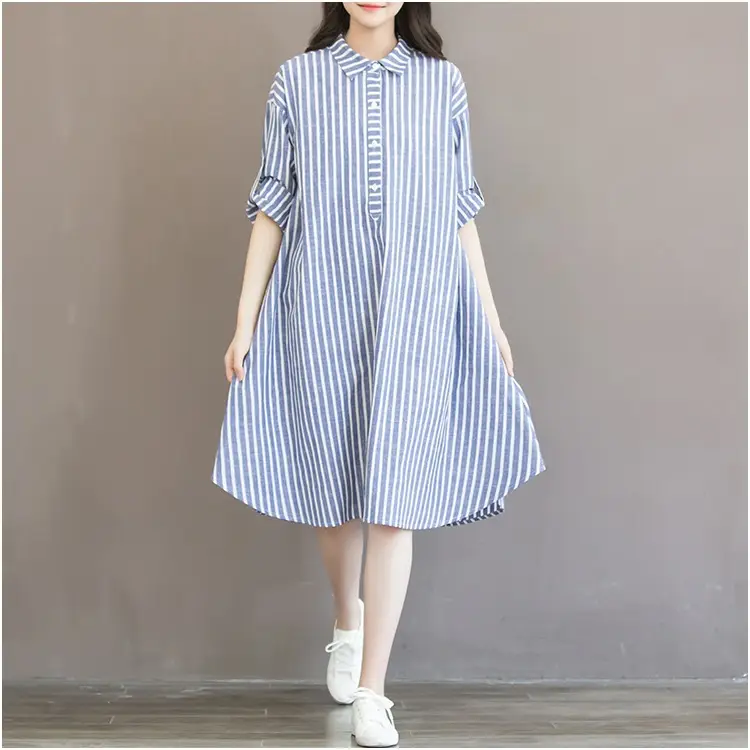 Women's Blue Striped Long Dress Large Size Cotton Linen — feature 11