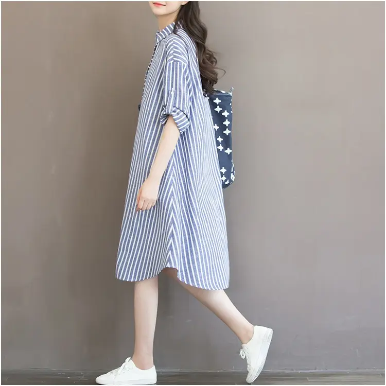 Women's Blue Striped Long Dress Large Size Cotton Linen — feature 12