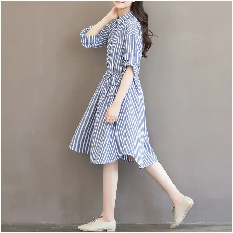 Women's Blue Striped Long Dress Large Size Cotton Linen — feature 13