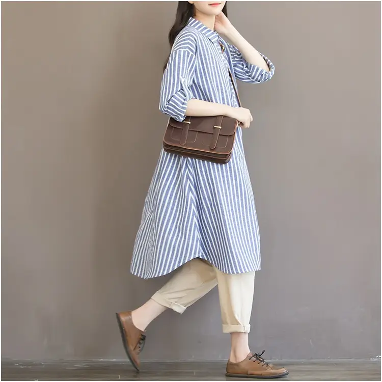 Women's Blue Striped Long Dress Large Size Cotton Linen — feature 14