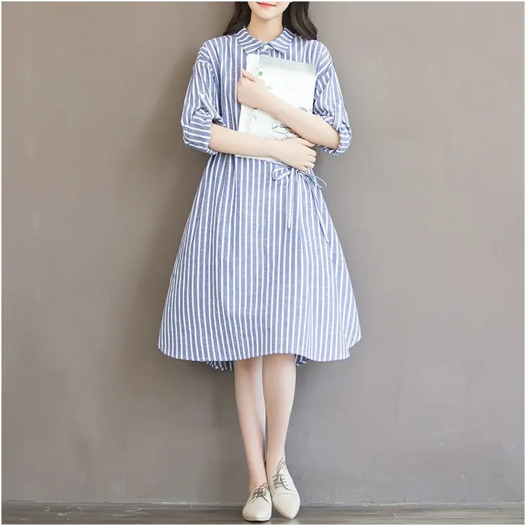 Women's Blue Striped Long Dress Large Size Cotton Linen — feature 15