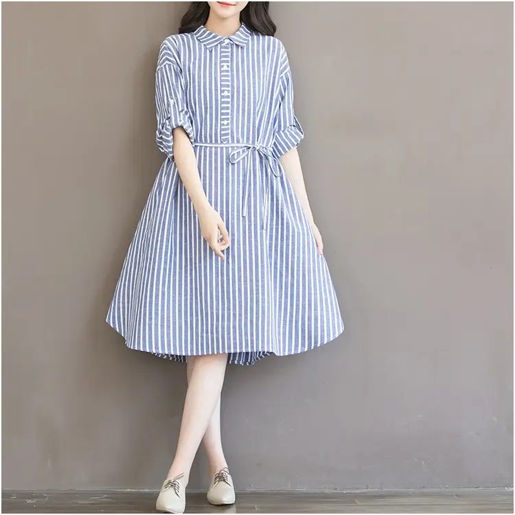 Women's Blue Striped Long Dress Large Size Cotton Linen — feature 16