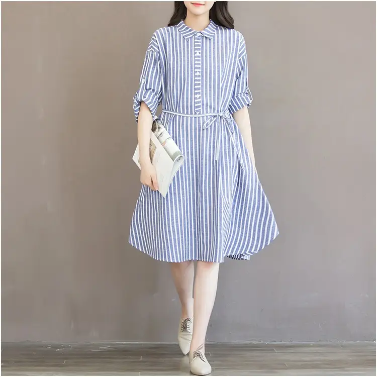 Women's Blue Striped Long Dress Large Size Cotton Linen — feature 17