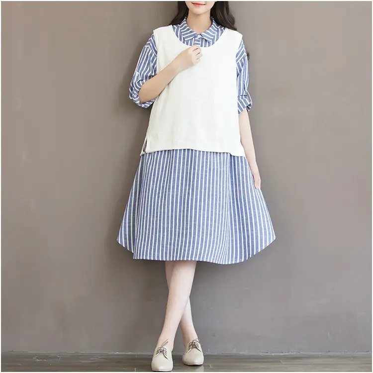 Women's Blue Striped Long Dress Large Size Cotton Linen — feature 19