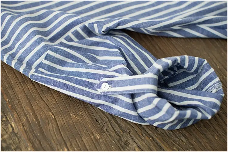 Women's Blue Striped Long Dress Large Size Cotton Linen — feature 5