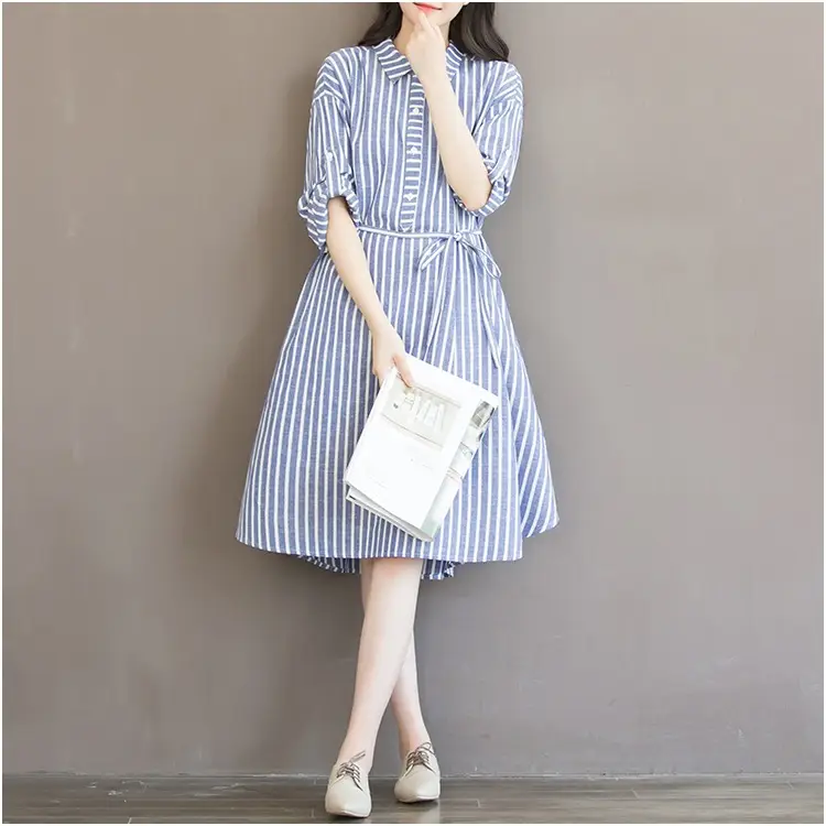 Women's Blue Striped Long Dress Large Size Cotton Linen — feature 7