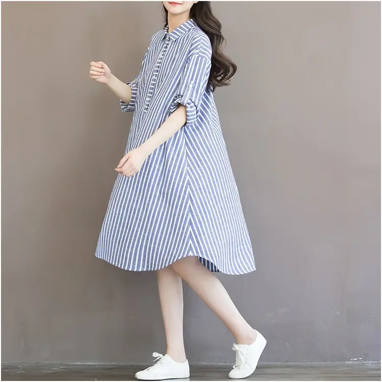 Women's Blue Striped Long Dress Large Size Cotton Linen — feature 8