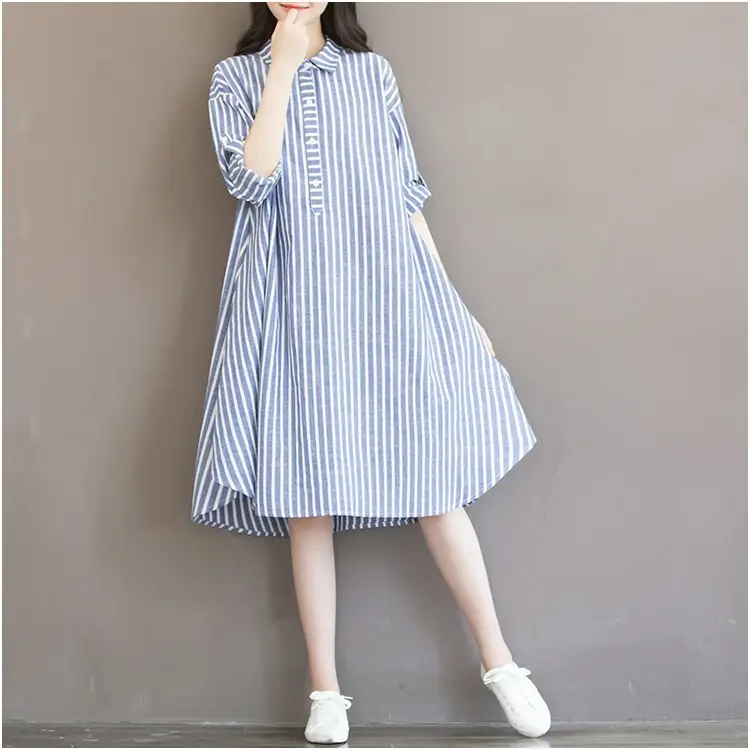 Women's Blue Striped Long Dress Large Size Cotton Linen — feature 9