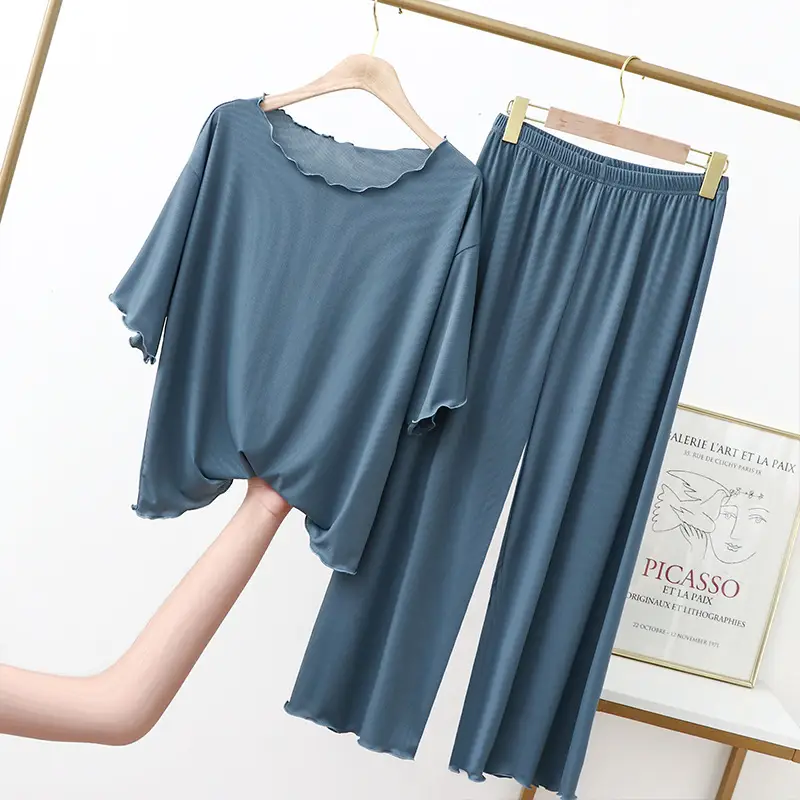 Women Blue Ice Silk Cropped T-shirt & Pants Set - Image 7