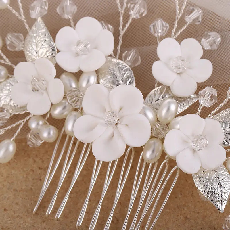 White Crystal Floral Hair Comb for Brides - Image 6