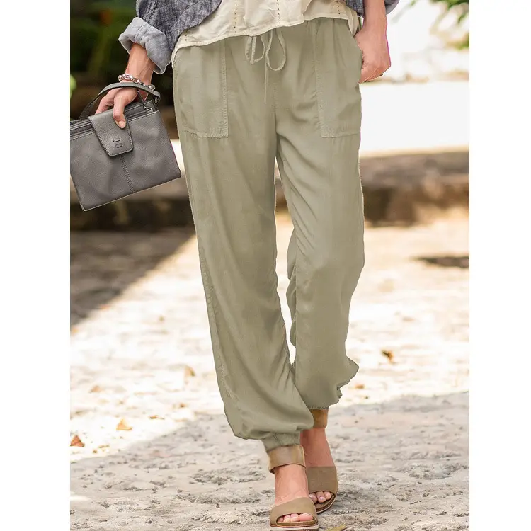 Women's Grey Lace-Up Croc Pants Stretch Casual Pants