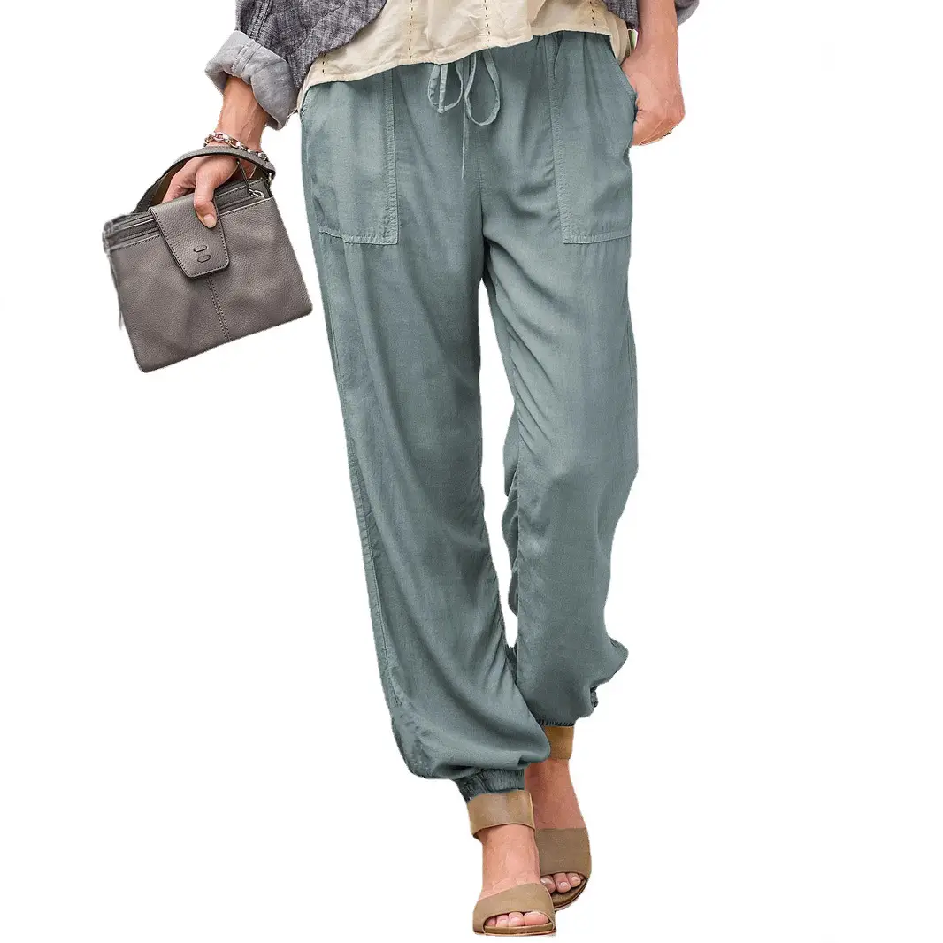 Women's Grey Lace-Up Croc Pants Stretch Casual Pants
