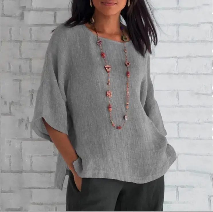 Women Cotton Linen 7Pc Sleeve Shirt Pink - Image 10