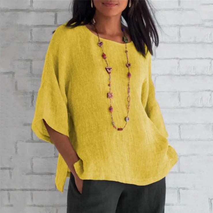 Women Cotton Linen 7Pc Sleeve Shirt Pink - Image 11