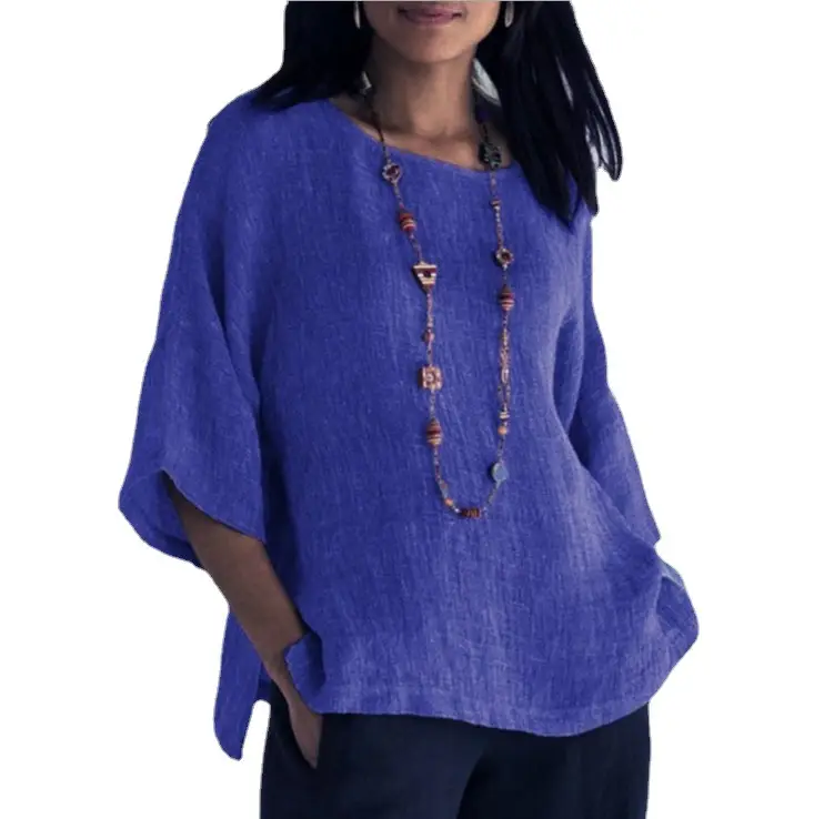 Women Cotton Linen 7Pc Sleeve Shirt Pink - Image 12