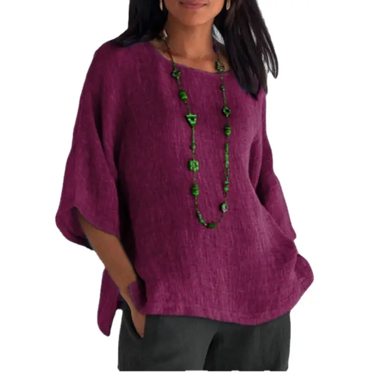 Women Cotton Linen 7Pc Sleeve Shirt Pink - Image 13