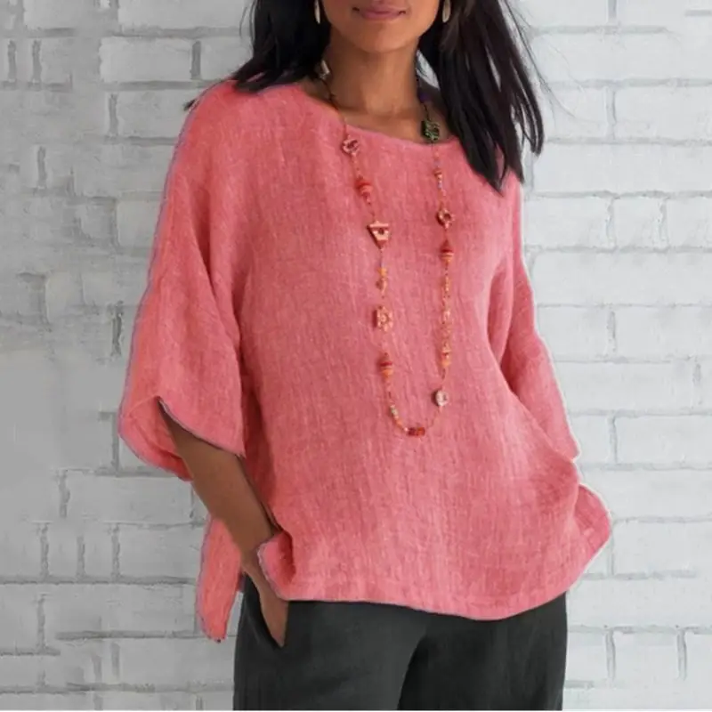 Women Cotton Linen 7Pc Sleeve Shirt Pink — feature 27