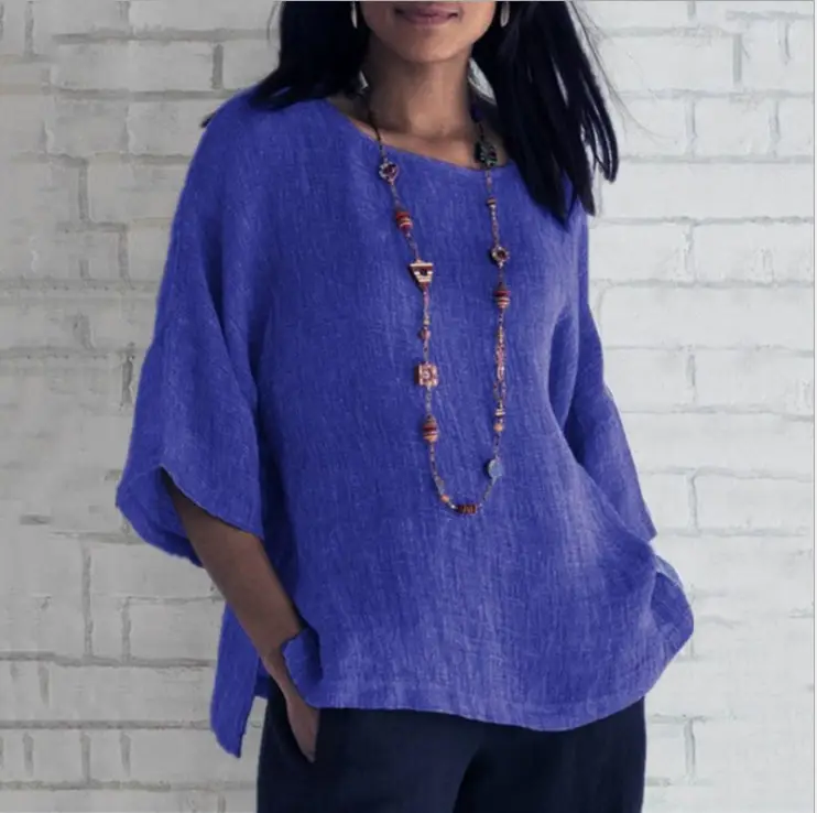 Women Cotton Linen 7Pc Sleeve Shirt Pink - Image 4