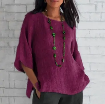 Women Cotton Linen 7Pc Sleeve Shirt Pink - Image 5