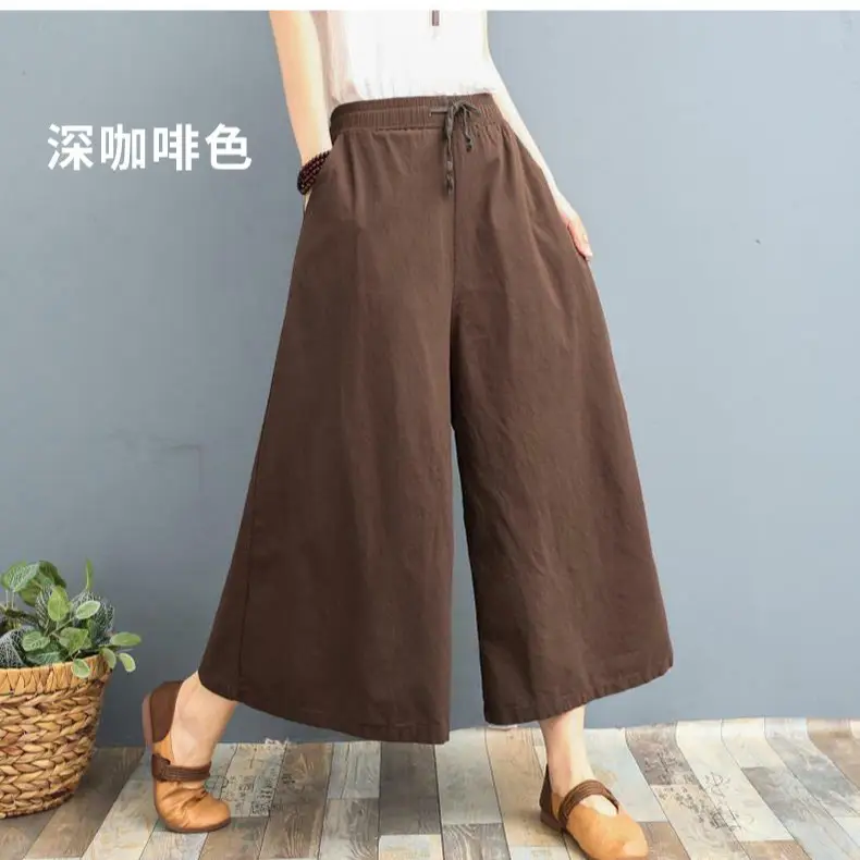 Washed Cotton Linen Wide Leg Pants Plus Size Coffee - Image 12