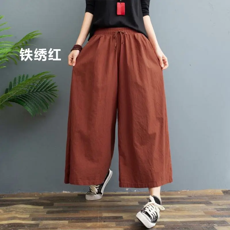 Washed Cotton Linen Wide Leg Pants Plus Size Coffee - Image 9