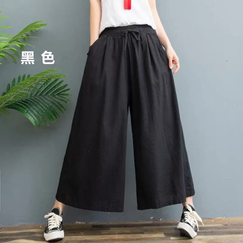 Washed Cotton Linen Wide Leg Pants Plus Size Coffee - Image 2