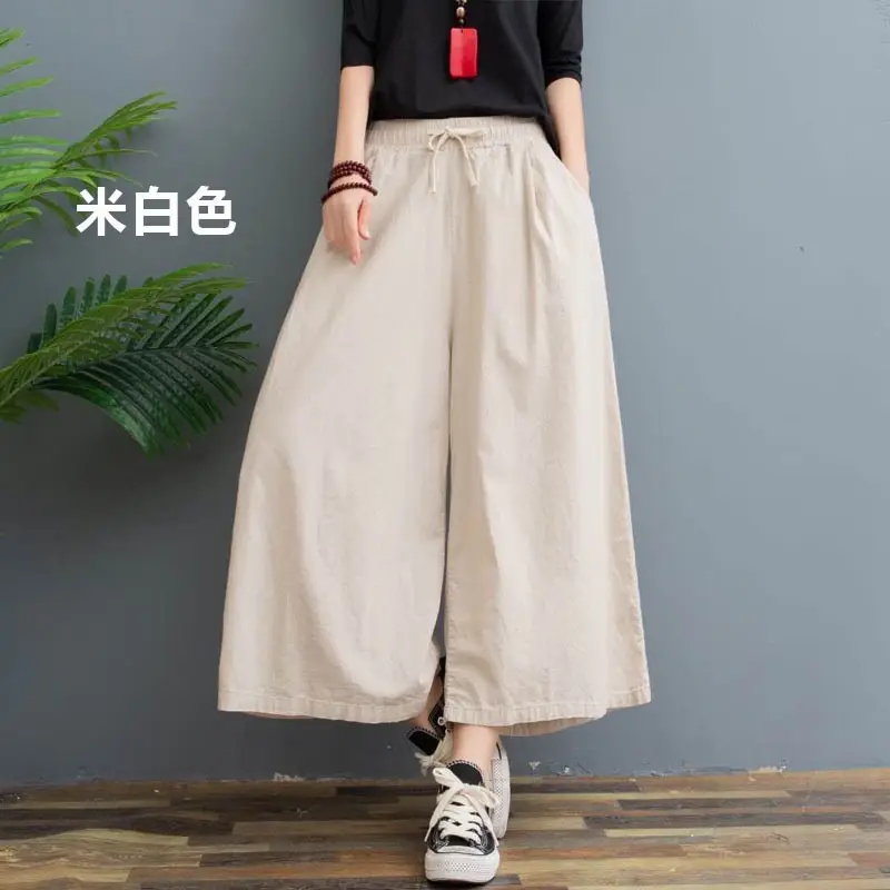 Washed Cotton Linen Wide Leg Pants Plus Size Coffee - Image 5
