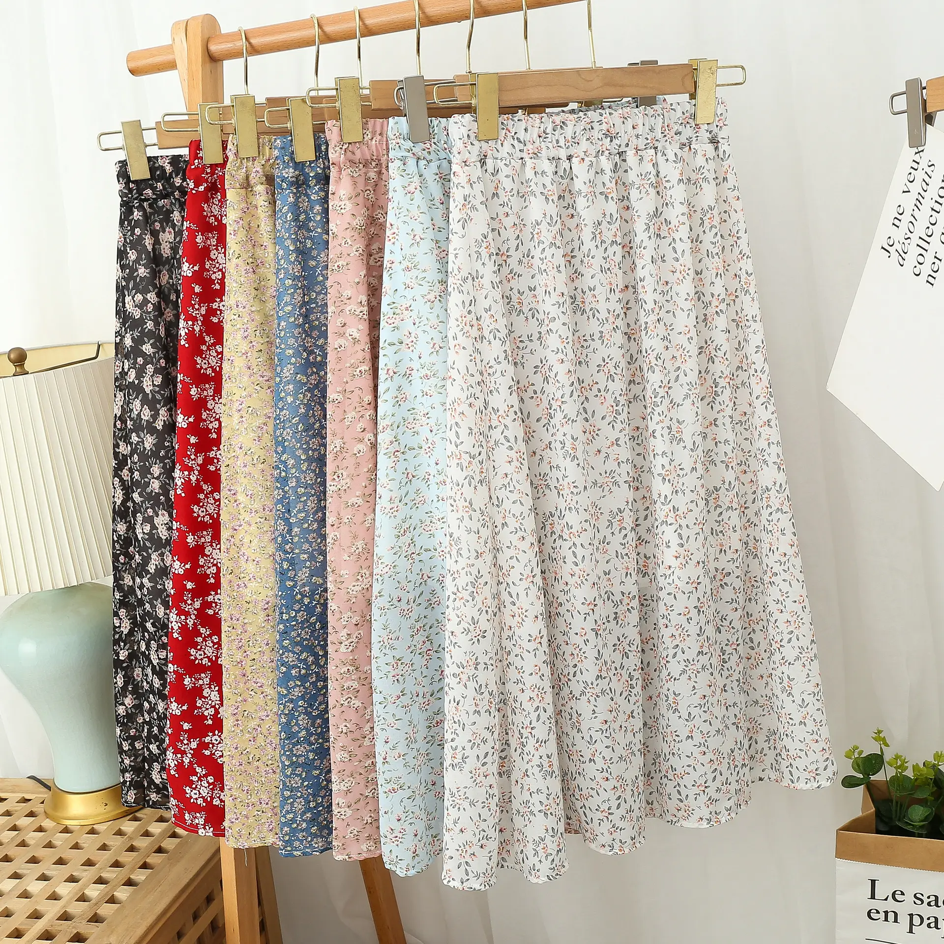 Red Floral Drape Skirt Mid Length High Waist Women - Image 9