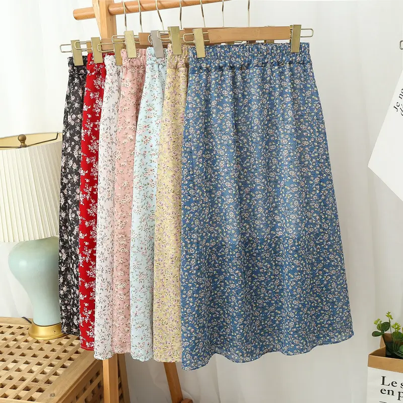Red Floral Drape Skirt Mid Length High Waist Women - Image 10