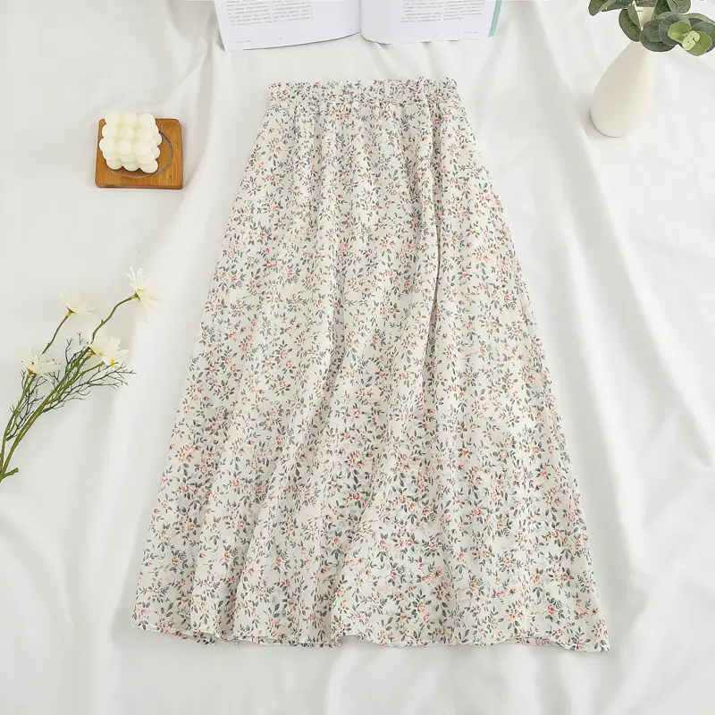 Red Floral Drape Skirt Mid Length High Waist Women - Image 11
