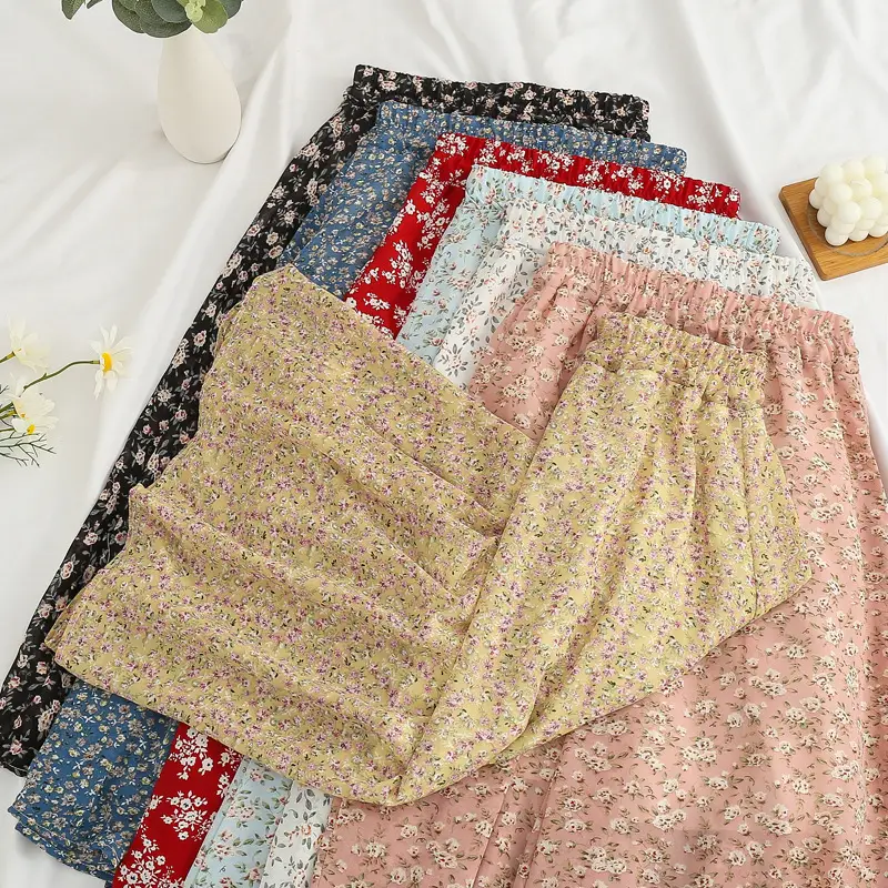Red Floral Drape Skirt Mid Length High Waist Women — feature 15