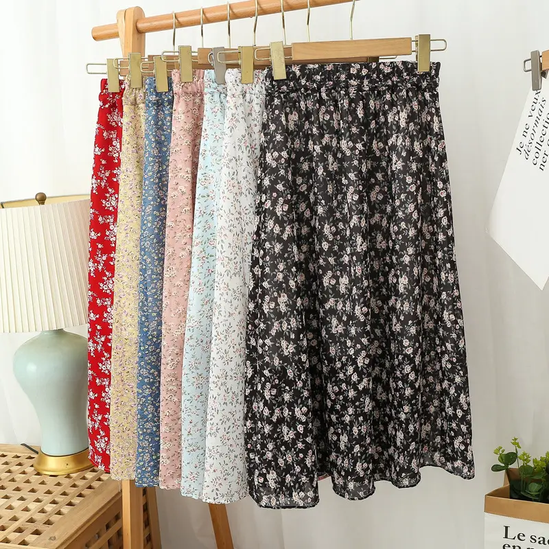 Red Floral Drape Skirt Mid Length High Waist Women — feature 29