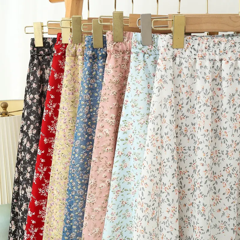 Red Floral Drape Skirt Mid Length High Waist Women — feature 31