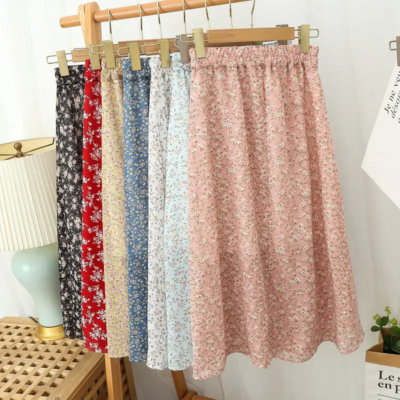 Red Floral Drape Skirt Mid Length High Waist Women — feature 33
