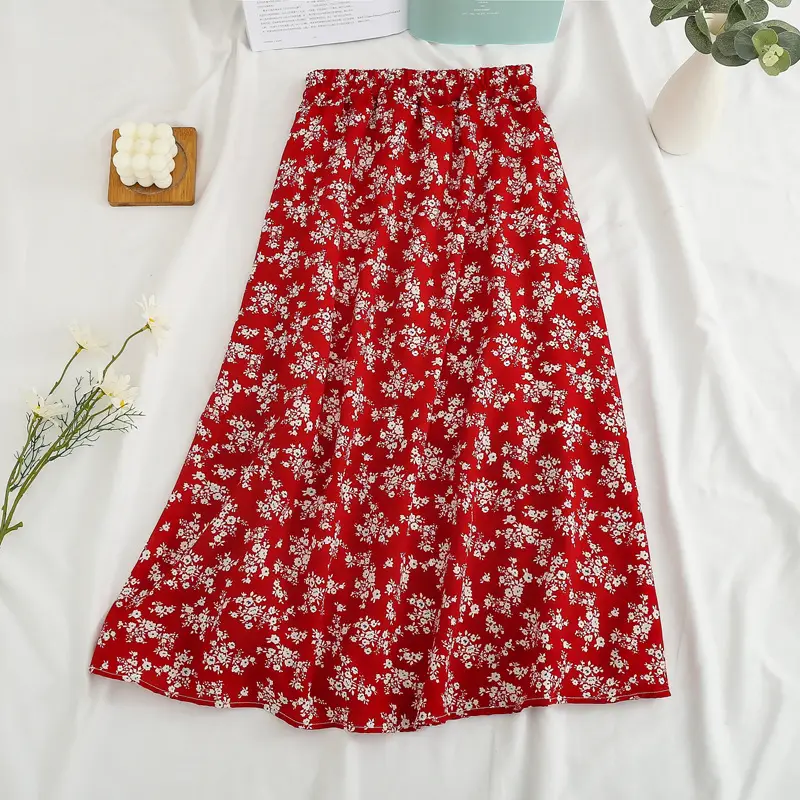 Red Floral Drape Skirt Mid Length High Waist Women — feature 9