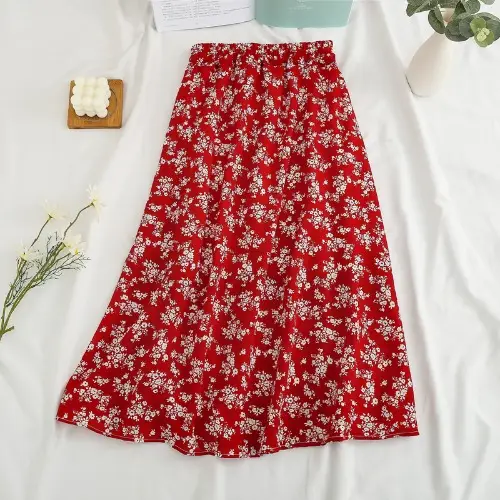 Red Floral Drape Skirt Mid Length High Waist Women - Image 2