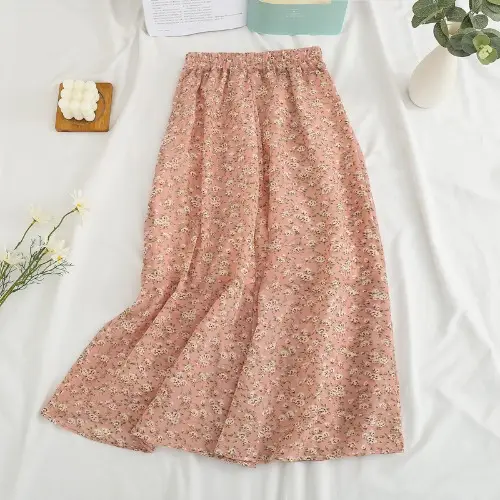 Red Floral Drape Skirt Mid Length High Waist Women - Image 6