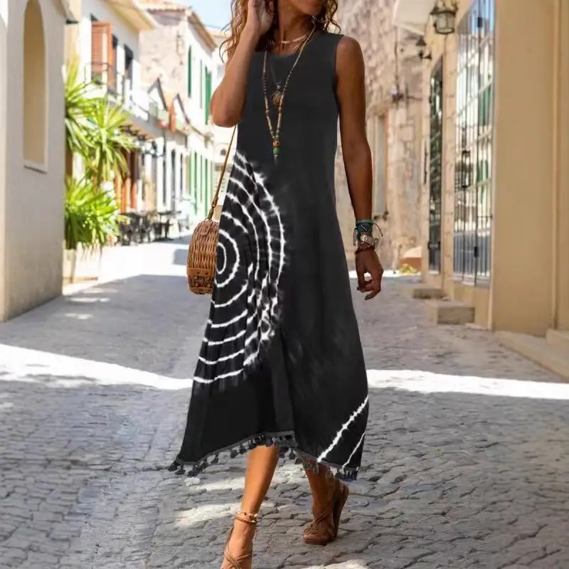 2025 Printed Slim Fit Long Sleeveless Tank Dress Black - Image 6